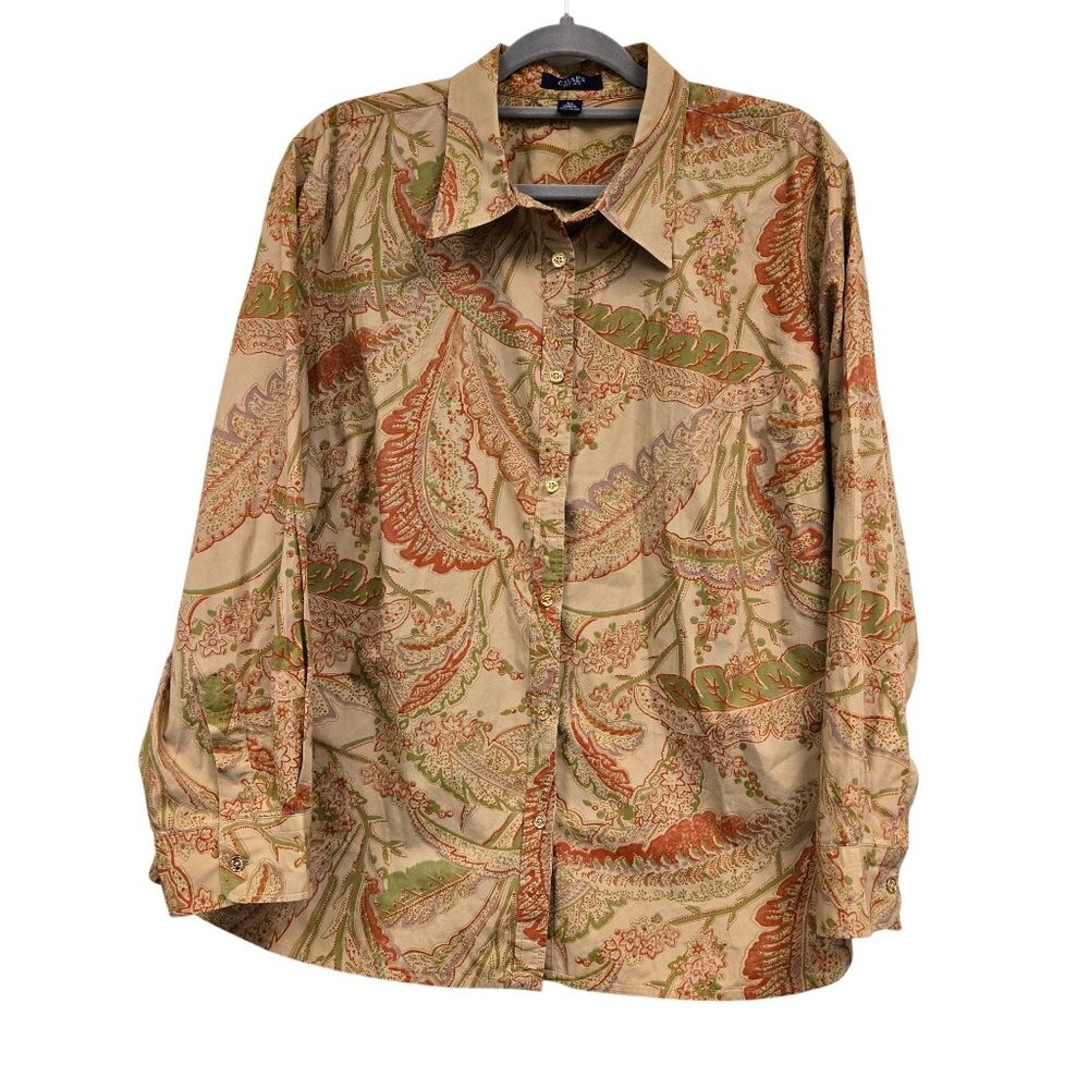 Chaps 3X Paisley Button-Up Shirt Beige/Red/Green 100% Cotton Long Sleeve‎ Collar